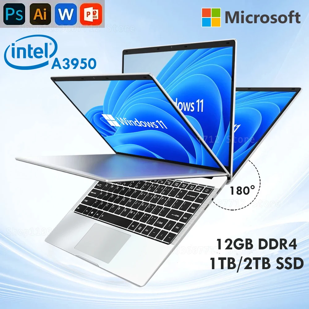 Xiaman Laptop Computer Windows 11 Pro Intel Atom A3950 Quad-Core 2025 Notebook PC 12GB RAM 1TB 2TB SSD 1920*1080 Office Computer