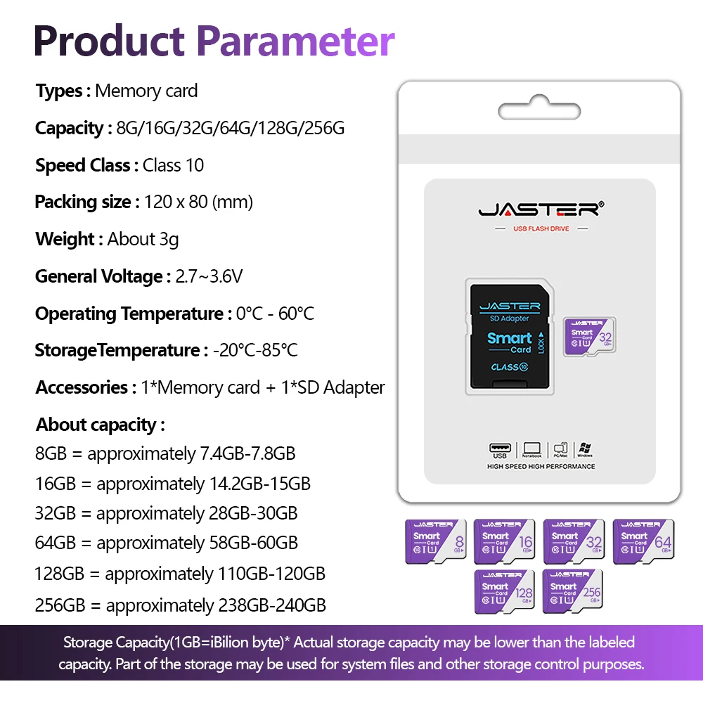JASTER Original Memory Card 128GB High Capacity Flash Card 64GB Class 10 High Speed Reading TF Card 32GB Purple SD Card 16GB 8G - Image 6